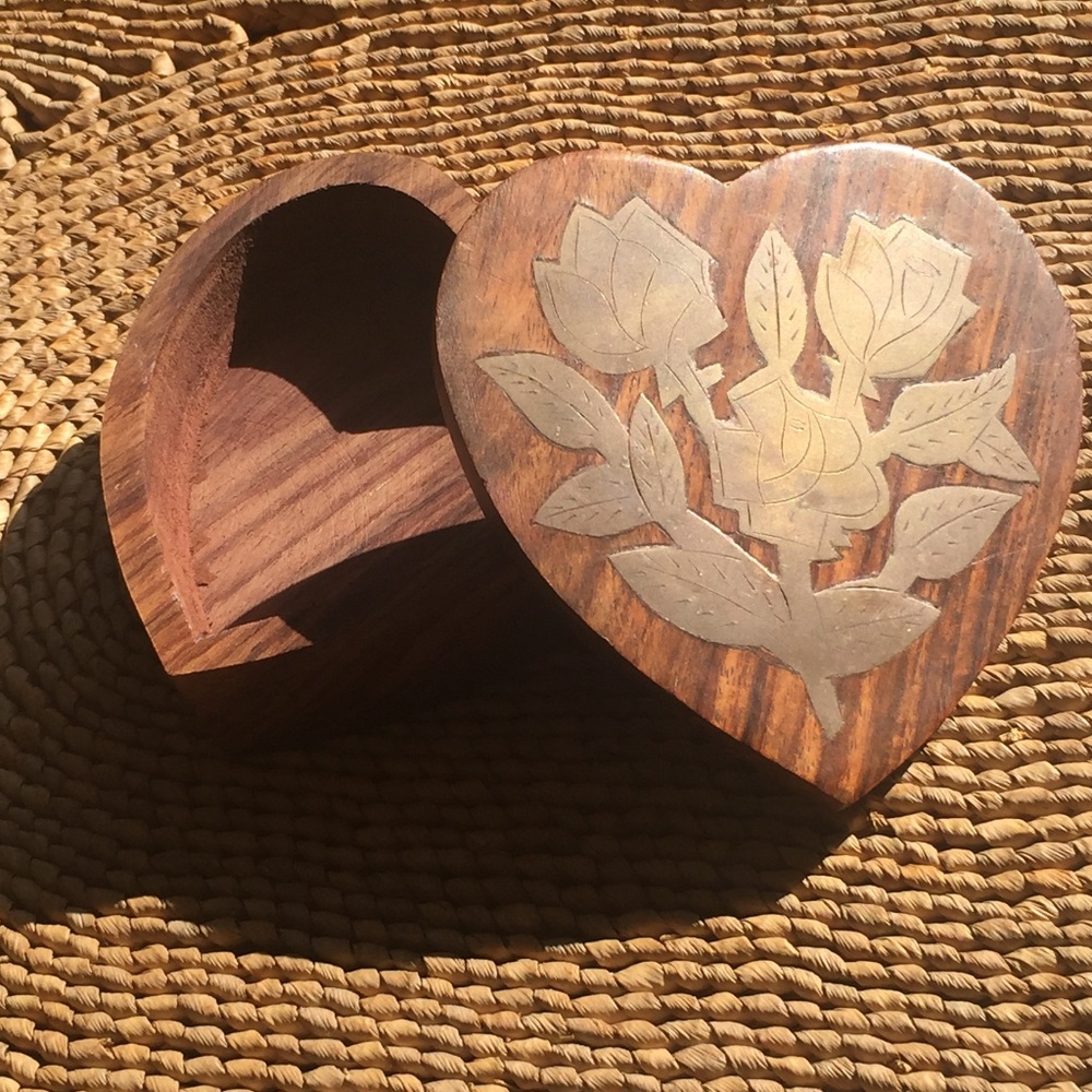 Brass and wood heart shaped trinket box